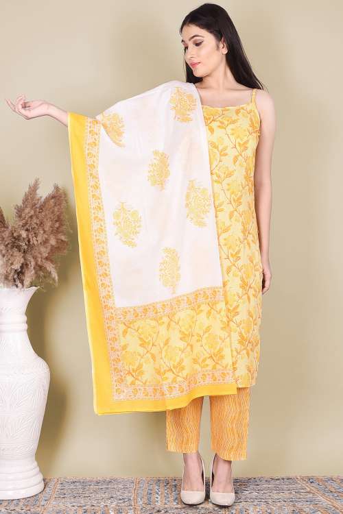 Yellow Printed with Sleeveless Cotton Kurta with Printed Pants and Dupatta