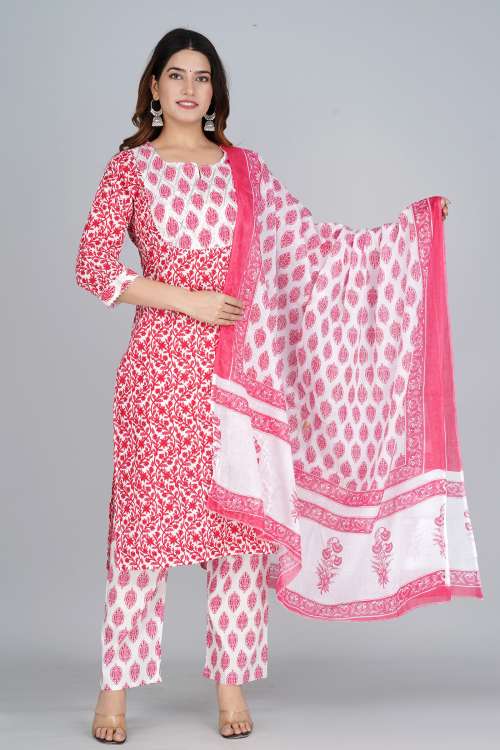 White With Pink Print Cotton Kurti With Printed Palazzo and Cotton Dupattaa