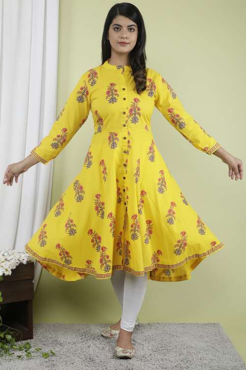 Yellow Floral Printed A-Line Flared Cotton Kurta