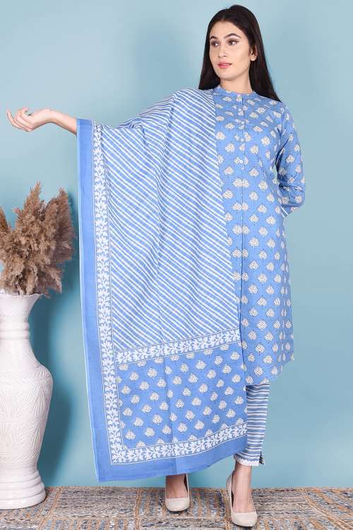Blue & White Printed High-Low Cotton Kurta with Striped Printed Palazzo Pants and a Dupatta