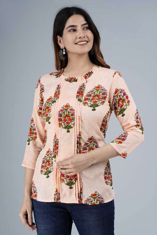 Peach Ethnic Printed Pleated Rayon Top