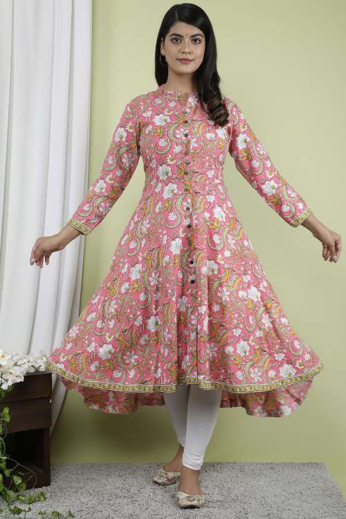 Pink Floral Printed A-Line Flared Cotton Kurta