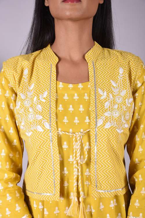 Yellow Printed Long Cotton Kurti with Embroidered Jacket