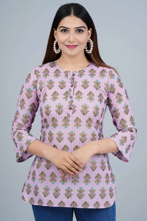 Lavender Ethnic Printed Straight Cotton Top