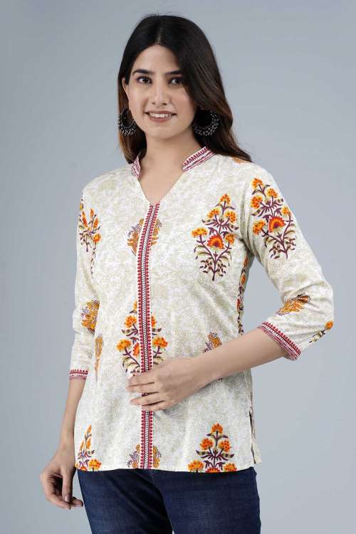 Ethnic Printed Off-White Casual Cotton Top