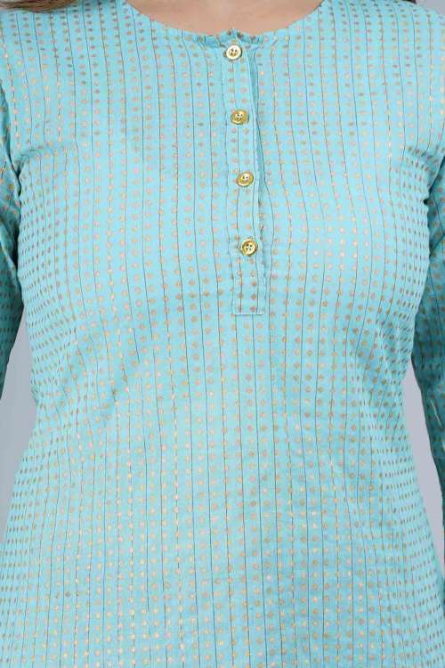 Light Blue Cotton Gold Printed Ethnic Top