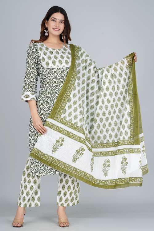 White With Green Print Cotton Kurti With Printed Palazzo and Cotton Dupattaa
