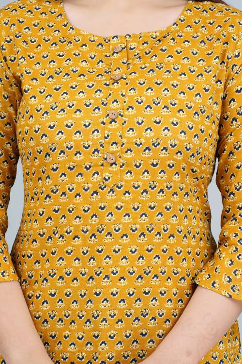 Mustard Ethnic Printed Casual Cotton Top