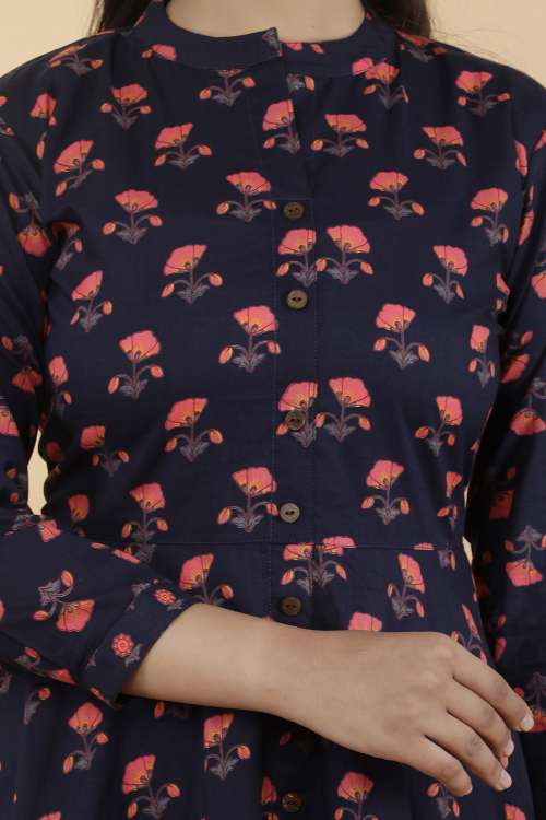 Navy Blue Floral Printed A-Line Flared Cotton Kurta