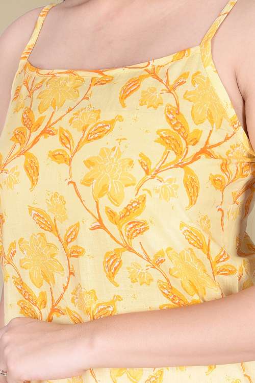 Yellow Printed with Sleeveless Cotton Kurta with Printed Pants and Dupatta