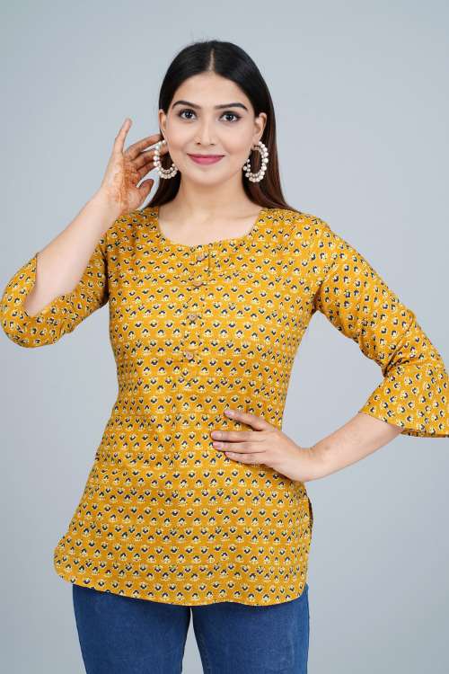 Mustard Ethnic Printed Casual Cotton Top