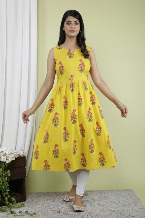 Yellow Floral Printed A-Line Sleeveless Cotton Kurta