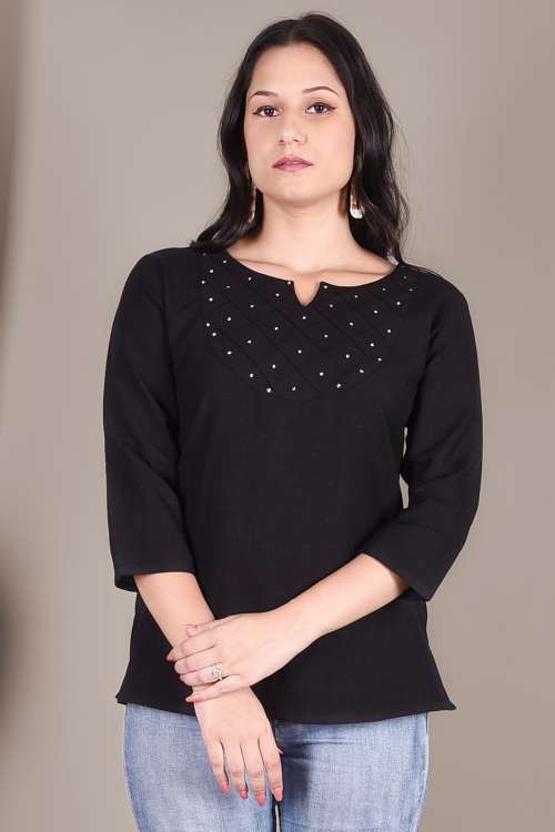 Solid Black Cotton Top With Handwork