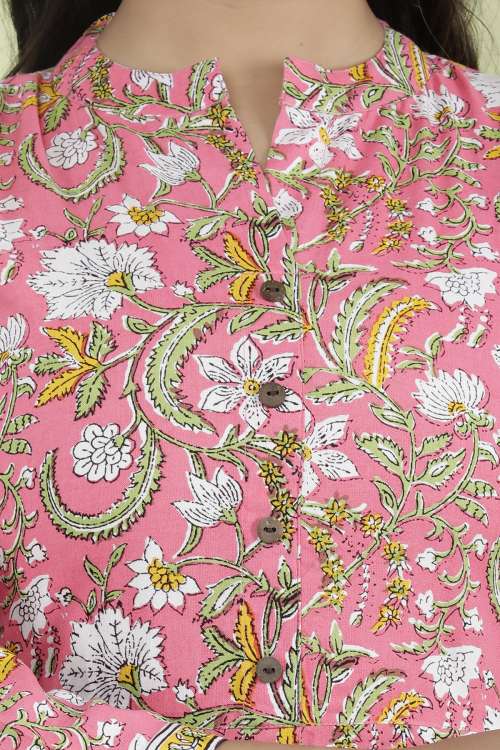 Pink Floral Printed A-Line Flared Cotton Kurta