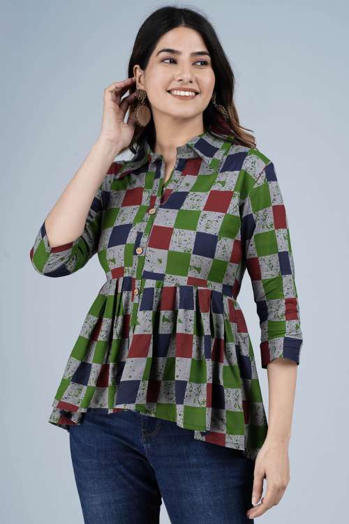 Multi-Coloured Checkered Printed High-Low Cotton Top 