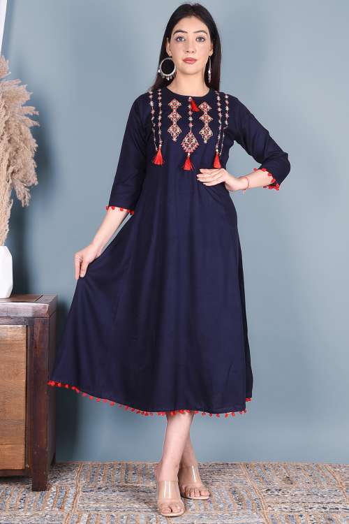 Solid Blue Embroidered Rayon A-Line Kurta