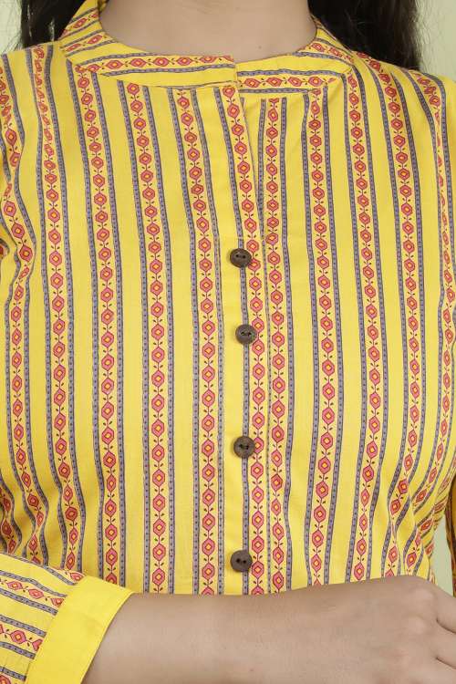 Yellow Stripes Printed A-Line Flared Cotton Kurta