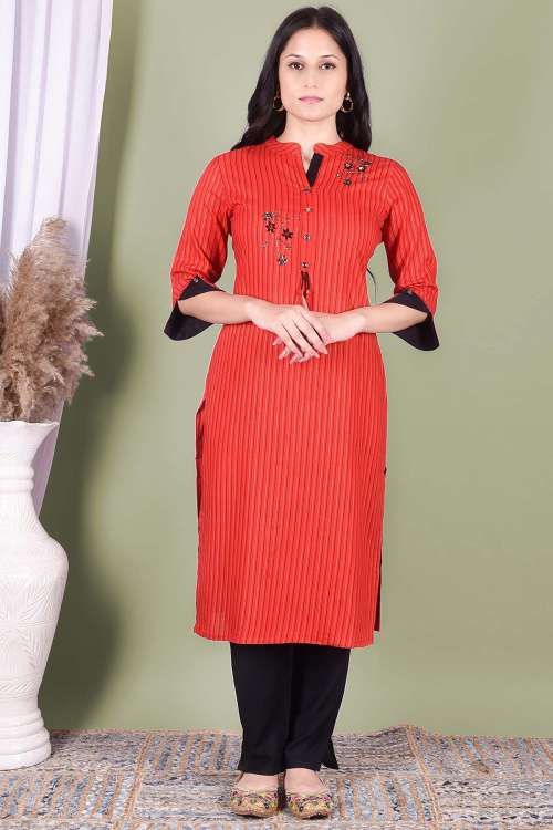 Red Striped Printed And Embroidered Kurta With Solid Black Pant
