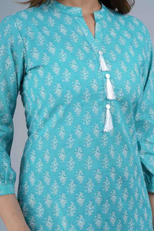Blue Ethnic Printed Straight Cotton Top