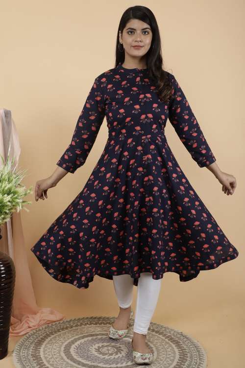 Navy Blue Floral Printed A-Line Flared Cotton Kurta