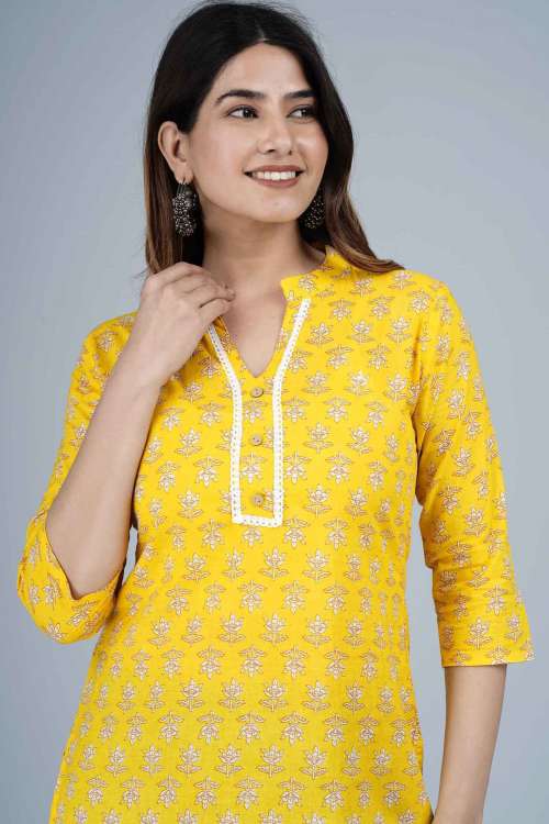 Mustard Floral Printed Cotton Top