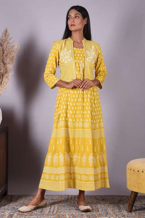 Yellow Printed Long Cotton Kurti with Embroidered Jacket