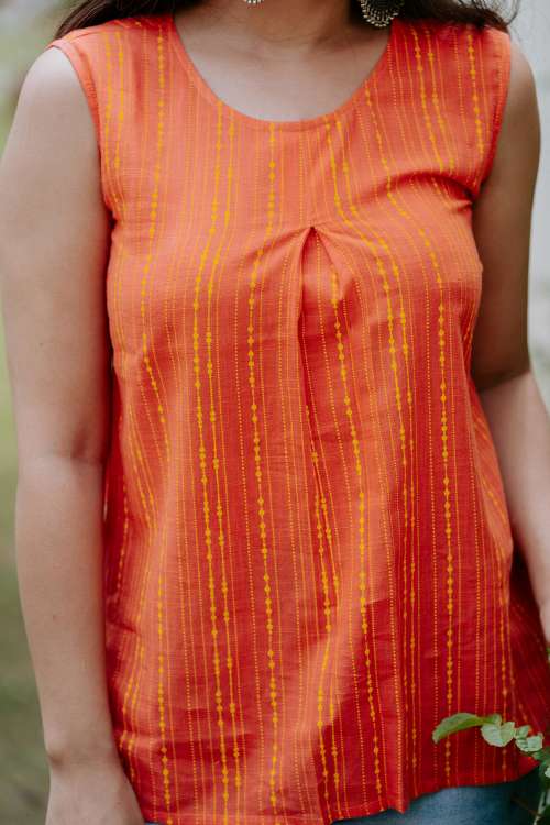 Orange Printed Sleeves Cotton Ethnic Top