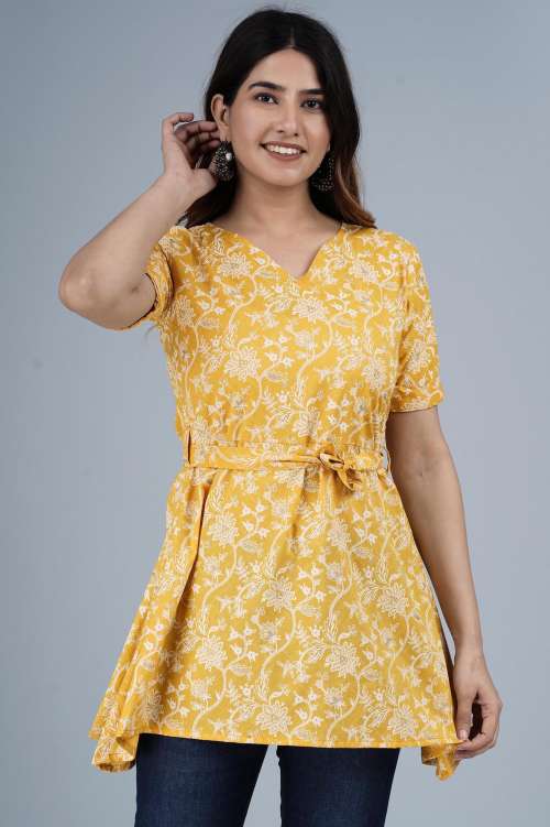 Mustard Ethnic Printed Cotton Top With Belt