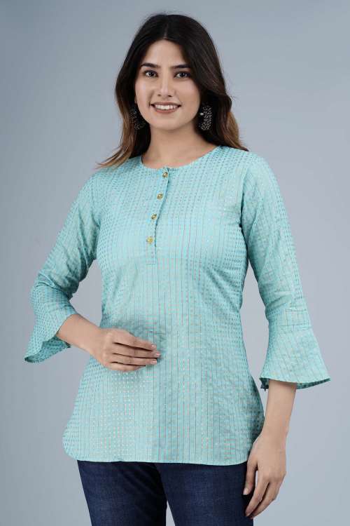 Light Blue Cotton Gold Printed Ethnic Top