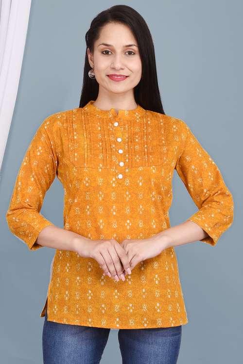Mustard Ethnic Printed Pleated Cotton Top