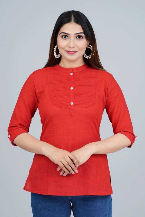 Red Solid Pleated Cotton Top