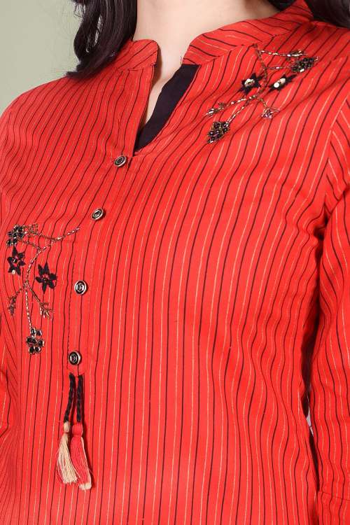 Red Striped Printed And Embroidered Kurta With Solid Black Pant