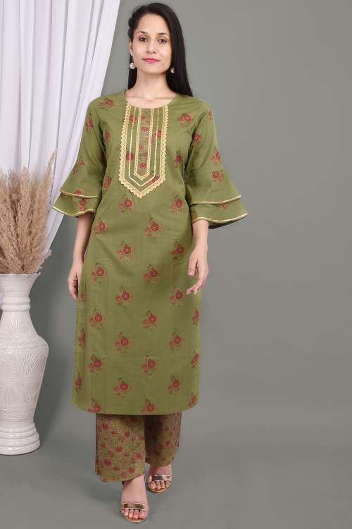 Green Lace Work Floral Printed Kurta With Palazzo