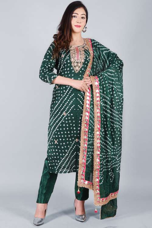 Cotton Silk Bottle Green Bandhej Heavy Embroidered Kurta With Trouser & Dupatta