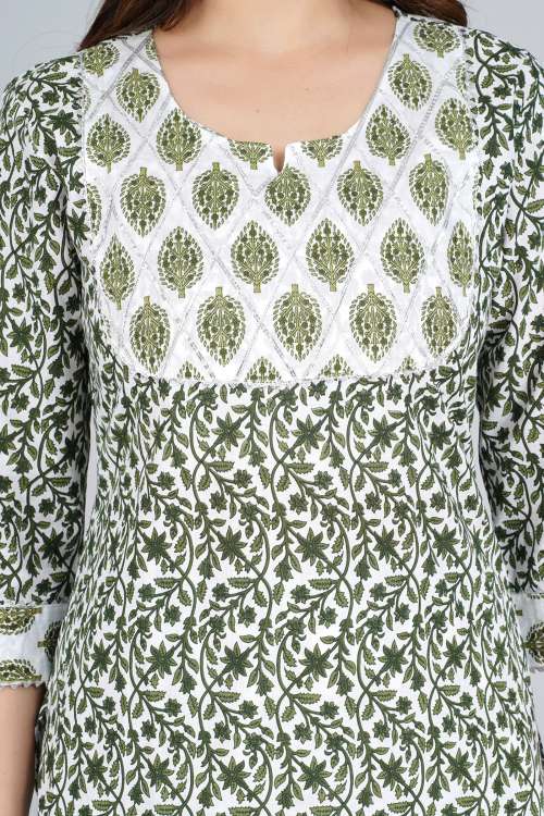 White With Green Print Cotton Kurti With Printed Palazzo and Cotton Dupattaa