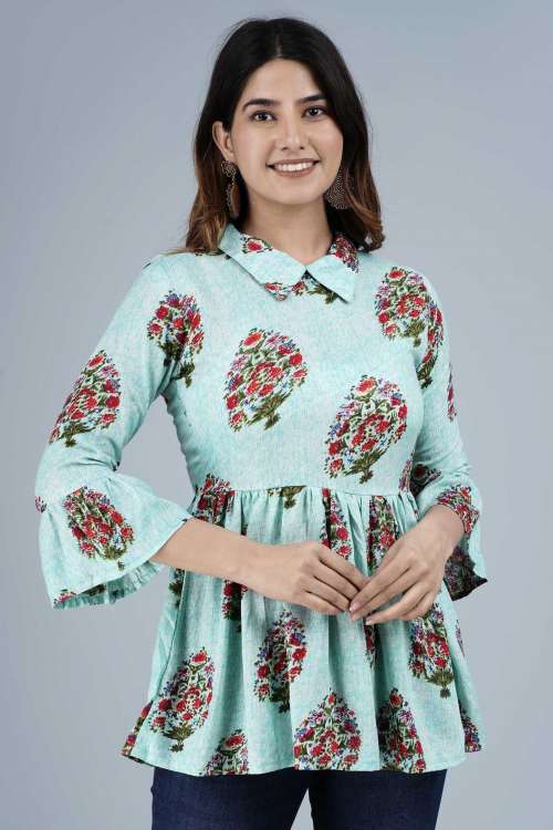 Blue Ethnic Printed Flared Rayon Top