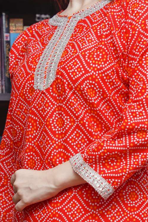 Red Bandhej Printed Cotton Kurta With Skirt & Dupatta