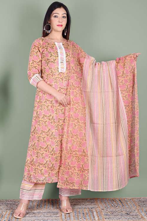 Coral Red Printed A-Line Kurta With Striped Printed Palazzo & Dupatta
