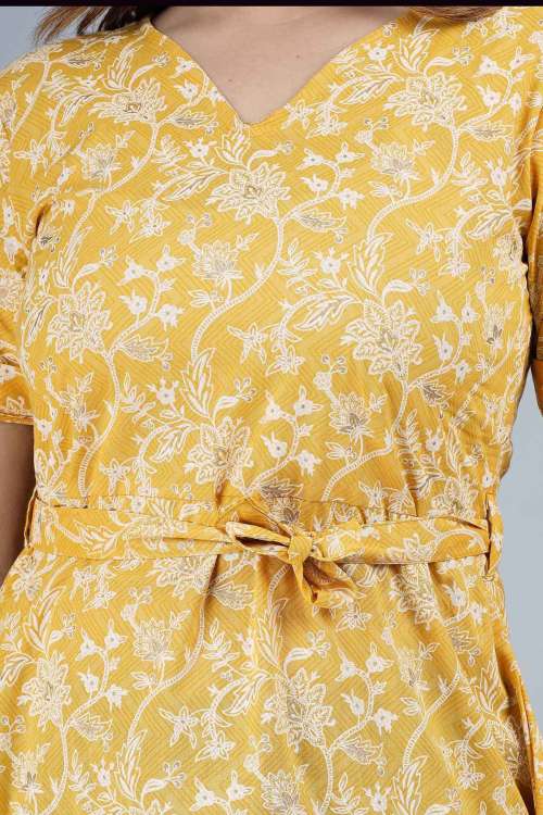 Mustard Ethnic Printed Cotton Top With Belt