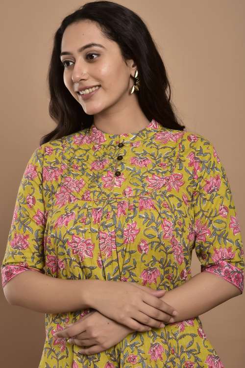 Lime Green and Pink Floral Printed A-Line Kurta with Printed Palazzo Pants Set