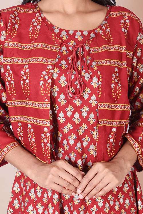 Red & Golden Printed A-Line Kurta With Jacket