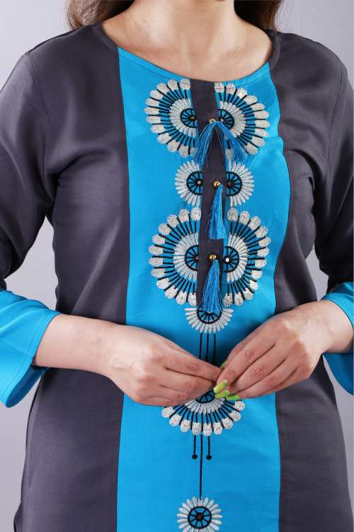 Blue Embroidered Straigth Rayon Kurta With Solid Palazzo