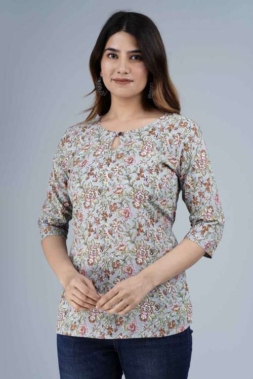 Grey Floral Printed Straight Cotton Top