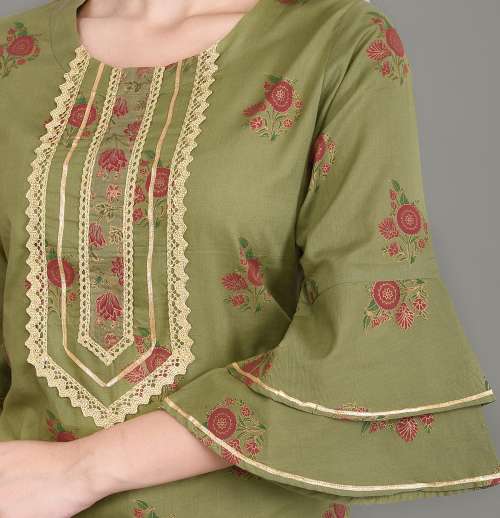 Green Lace Work Floral Printed Kurta With Palazzo