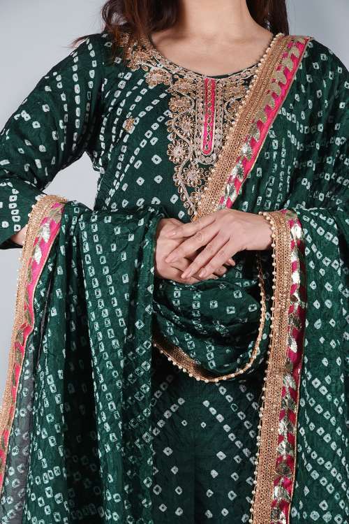 Cotton Silk Bottle Green Bandhej Heavy Embroidered Kurta With Trouser & Dupatta