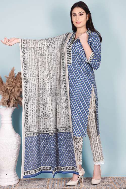 Blue A-Line Cotton Kurta With Lace Work With Printed Pant And Dupatta