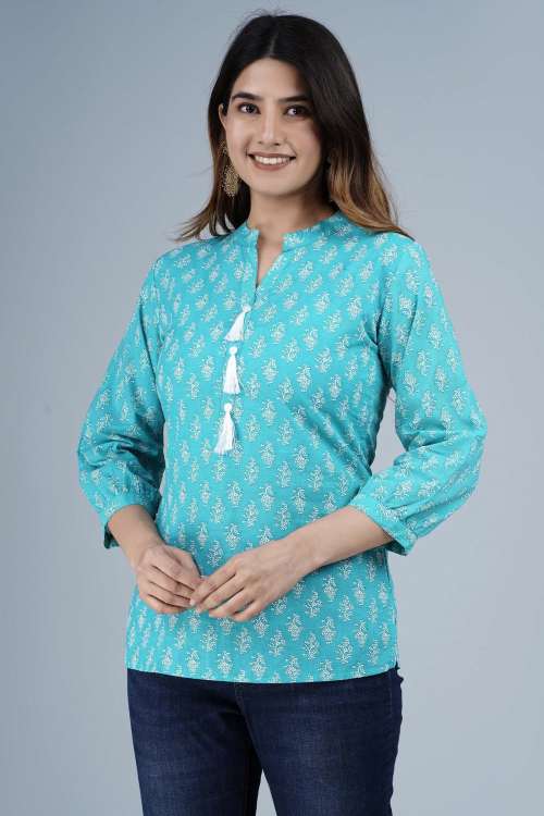 Blue Ethnic Printed Straight Cotton Top