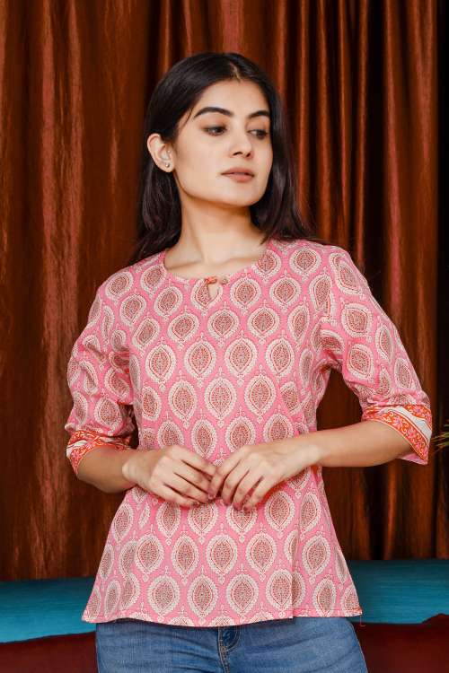 Pink Ethnic Printed Straight Cotton Top