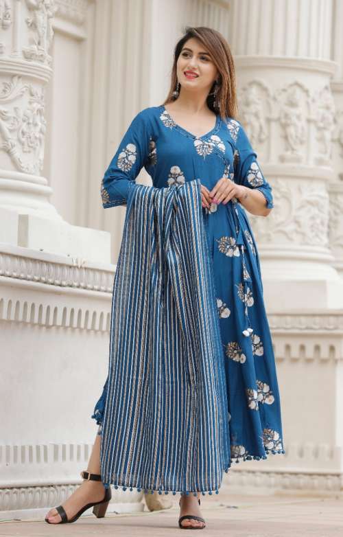 Royal Blue Floral Printed Anarkali Kurta With Striped Dupatta