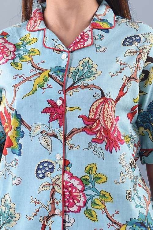 Blue Floral Printed Cotton Night Suit